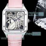 Super Clone Cartier Santos Dumont Silver Skeleton Dial Micro Rotor Pink Strap 